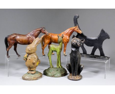 A collection of early 20th Century cast iron and painted door stops of animals, including - Hubley Art Line "Thoroughbred Hor