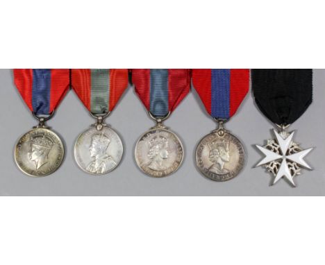 Three Imperial Service Medals (George V, George VI and Elizabeth II (two), a silvered and enamel medal of the Knights of St. 