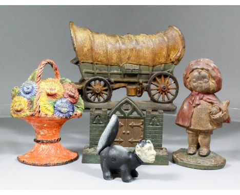 A collection of early 20th Century cast iron and painted door stops, including - Hubley "Red Riding Hood", 5ins wide x 9.25in