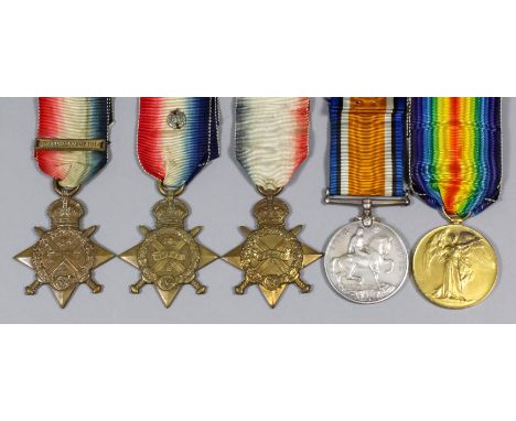 A George V 1914 Star with bar "5th Aug. - 22 Nov. 1914", one other ditto 1914 Star with rosette (mentioned in Dispatches), te