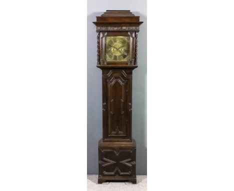 An old oak longcase clock, the 11ins square brass dial inscribed "Stringer of Stockport", the chapter ring with Roman numeral