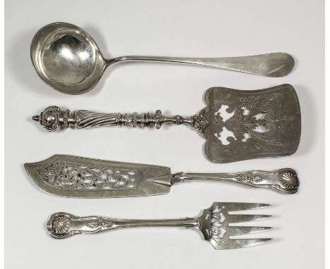 A pair of Victorian silver Kings pattern fish servers, the blades pierced with scroll ornament, by Chawner & Co, London 1866,