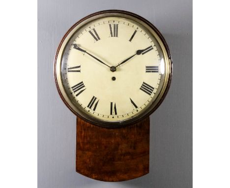 An early 19th Century mahogany cased drop dial wall clock, the 12ins diameter painted wood dial with Roman numerals to the ei