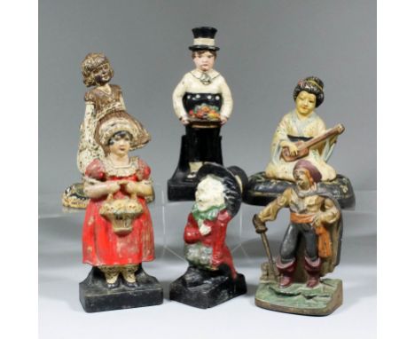 A collection of early 20th Century cast iron and painted door stops, including - Hubley "Geisha", 6ins wide x 7ins high, girl