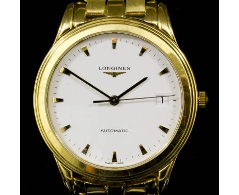 A 1980's gentleman's Longines 18K gold cased automatic wristwatch, the white finished dial with date aperture, numeral batons