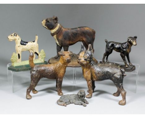 A collection of early 20th Century cast iron and painted door stops of dogs, including - Hubley "Boston Bull Terrier", 8ins w