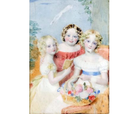 Miss Ross (early 19th Century English School) - Miniature half length portrait of three children, one with a basket of flower