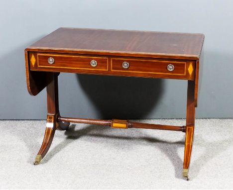 A modern mahogany sofa table of Georgian design by Arthur Brett & Sons, inlaid with satinwood bandings and lozenge motifs, fi