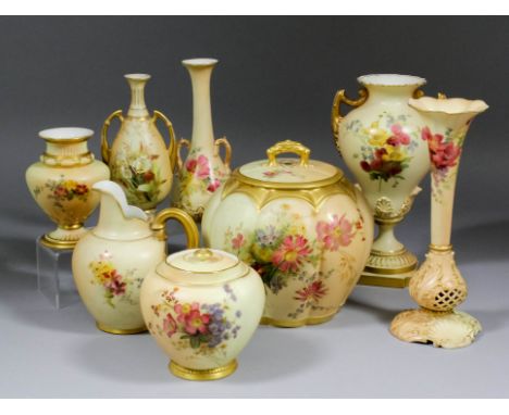 A small collection of late 19th/early 20th Century Royal Worcester "Blush Ivory" bone china, including - Jar and cover of lob