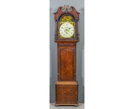 A late 18th/early 19th Century "North Country" oak and mahogany longcase clock, the 13ins arched painted dial with Roman nume