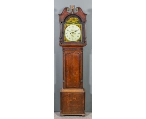 A late 18th/early 19th Century "North Country" oak and mahogany longcase clock, the 13ins arched painted dial with Roman nume