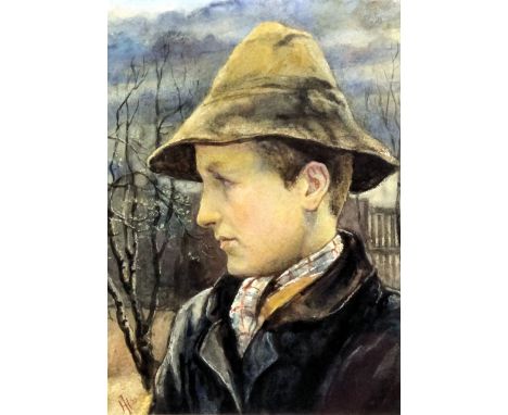 Attributed to Joseph Henderson (1830-1908) - Watercolour - Profile portrait of a young man wearing a brown felt hat, 8.5ins x
