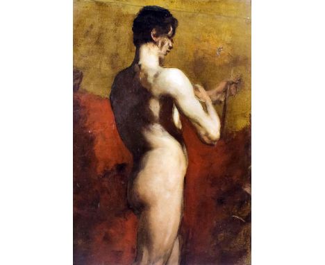 Attributed to William Etty (1787-1849) - Oil painting - Standing portrait of a male nude, board 19.75ins x 12ins, in gilt mou