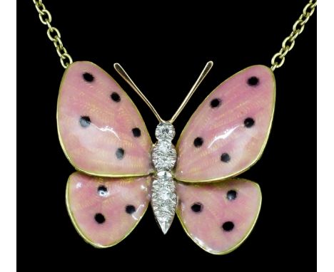 A modern Boucheron 18ct gold enamel and diamond set butterfly pattern pendant, the body and thorax set with six small brillia