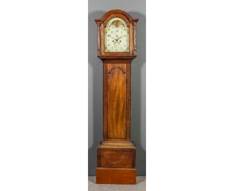 A late 18th Century mahogany longcase clock by Thomas of Trowbridge, the 12ins arched painted dial with Arabic numerals, subs