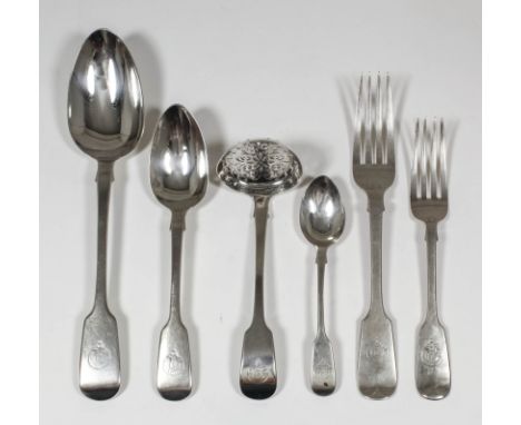 A Victorian harlequin silver fiddle pattern table service, comprising - four table spoons, twelve desert spoons, nine tea spo