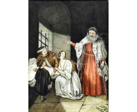 19th Century School - Miniature watercolour - Prison interior with a bearded man addressing the prisoner, his wife and son, 7