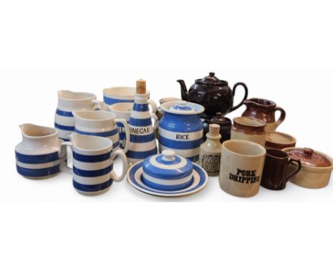 A T G Green Cornish Ware storage jar, Rice, 15cm high;&nbsp; other Cornish Ware, Vinegar bottle, butter dish, jugs;&nbsp; &nb