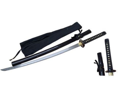 A contemporary Japanese Samurai sword, cast nmetal Tsuba, woven handle, blade 67cms long, black lacquer scabbard, cloth bag, 