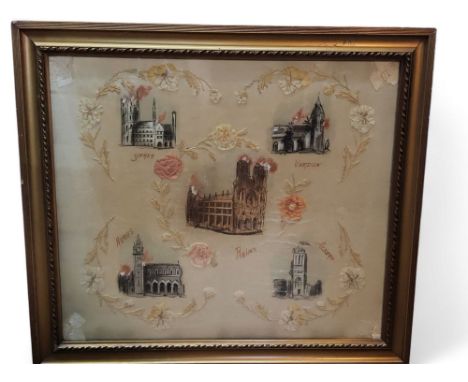 An early 20th century silk, with Ypres, Verdux, Reims, Arras and Albert buildings, embroidered with flowers in relief, 46cm x