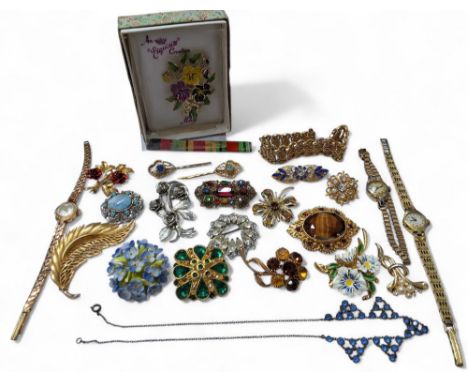 Vintage costume jewellery - various brooches some stone set, three vintage lady's watches including Oris, Rone &amp; Ingersol