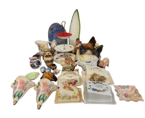 Decorative Ceramics - a hen on basket egg holder;&nbsp; another;&nbsp; cheese dishes;&nbsp; a Palissy Gayday three tier cake 