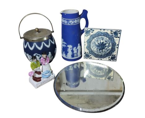 An Adams Jasperware bowed cylindrical biscuit barrel, plated cover and handle, 17cm high, impressed mark;&nbsp; a similar Wed