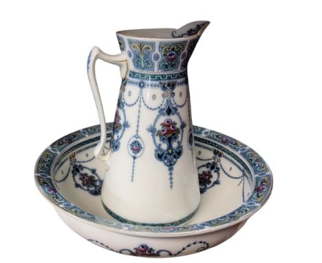 A F Winkle &amp; Co Whieldon Ware Kelvin pattern wash jug and bowl, printed with floral tendrils, in blue, picked out in colo