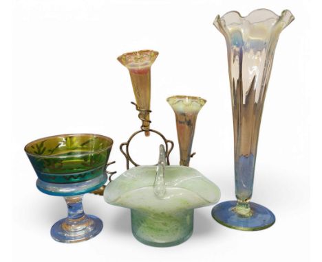 A Victorian flared vaseline glass specimen vase, wavy rim, 26cm high, c.1870;&nbsp; &nbsp;an E.P.N.S. mounted and vaseline ep