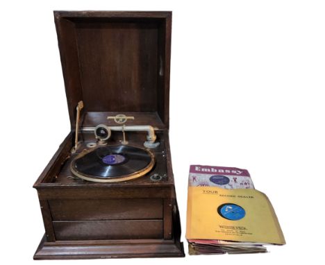 A Columbia Viva tonal Grafonola No. 117 oak cased gramaphone, 48.5cm wide;&nbsp; &nbsp;records, various including Elvis Presl