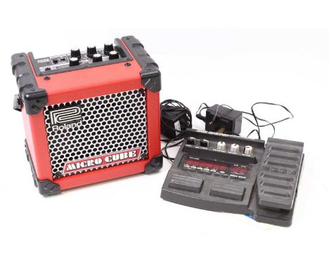 A Roland Micro Cube guitar amplifier in red finish with instruction manual, together with a Zoom GFX-707 guitar effects proce