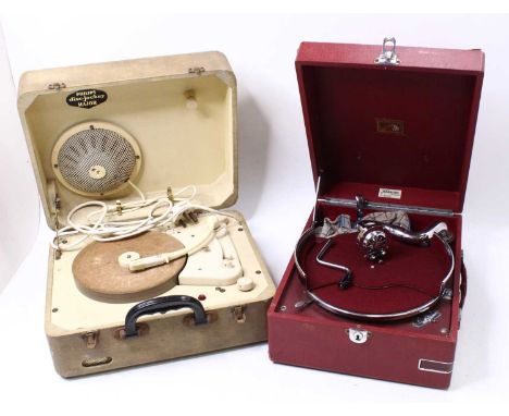 His Master's Voice portable wind-up gramophone in red rexine case with retailer's label for Harrods, No. 4782, width 30cm, de