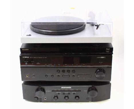 A collection of audio / visual equipment, components include a Pro-Ject Debut Phono turntable, w.41.5, d.32, h.12cm, a Marant
