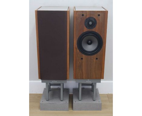 A pair of Wharfedale Coleridge &amp; Harewood 'C' Class walnut cased speakers on stands, no. 0903, w.27, d.29, h.94cm, with i