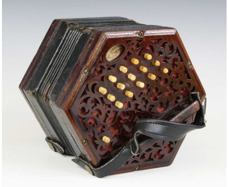 A late Victorian concertina, of typical hexagonal form, having rosewood fret carved ends with 31 bone buttons and six-fold le