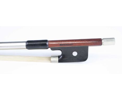 A viola bow, the round Pernambuco stick with nickel fittings and mother of pearl inlaid ebony frog, stamped Elias Guasti, 74.