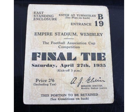A match day ticket stub for the 1935 F.A. Cup Final, Sheffield Wednesday v West Bromwich Albion, The Empire Stadium, Wembley,