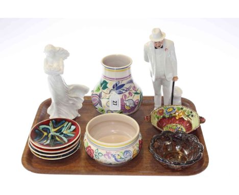 Poole pottery vase, bowl and four dishes, Royal Doulton 'Winston Churchill' and 'A Love So Tender' figures, Maling dish and o