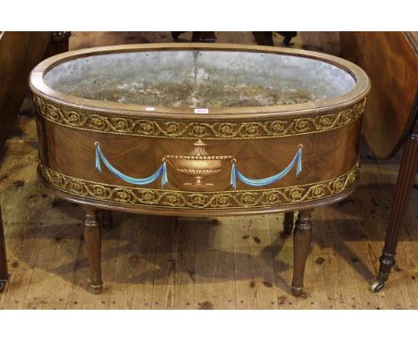 Continental painted and gilt metal mounted oval plant trough and liner