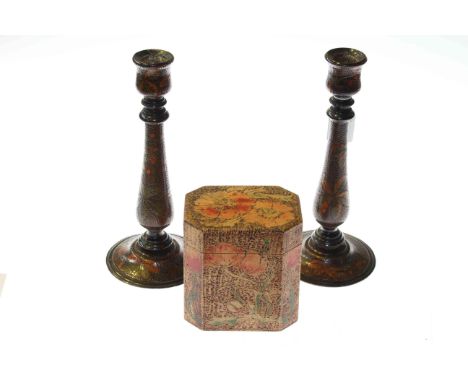 Pokerwork: Caddy and a pair of candlesticks