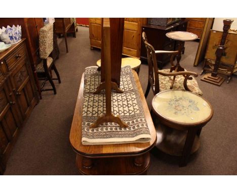 Mahogany Chippendale style elbow chair, inlaid tripod wine table, circular needlework topped occasional table, mahogany magaz