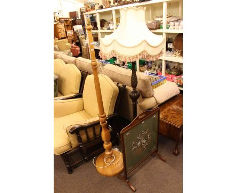Needlework firescreen, elm standard lamp and carved column standard lamp (3)