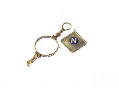 Lorgnette, French purse and silver and enamel medal (3)