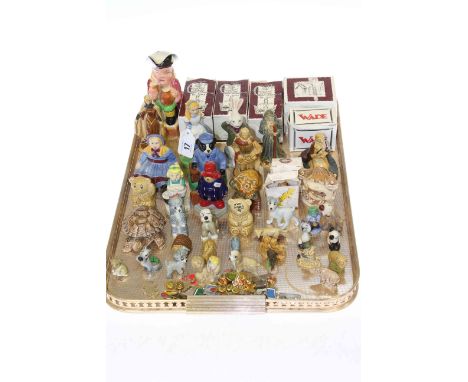 Collection of Wade figures and whimsies, character jug, brooches and badges