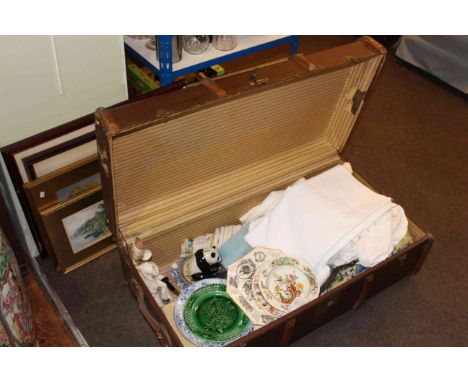 Trunk of linen, china plates, various pictures, etc