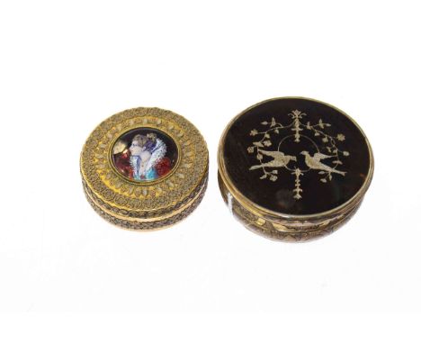 A tortoiseshell, brass and pique work snuff box, circular, the hinged cover probably inlaid with silver, late 18th Century, 7