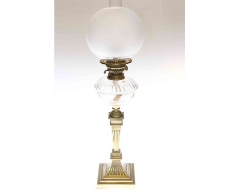 Brass column oil lamp with clear glass reservoir and frosted shade
