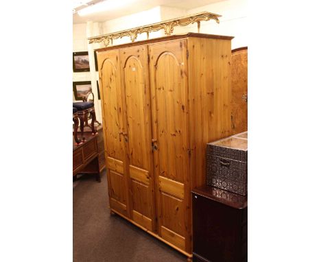 Pine triple door wardrobe and gilt and onyx style radiator shelf (2)