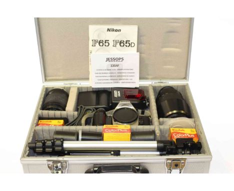 Nikon F65 camera, lenses, flash, tripod in aluminium case