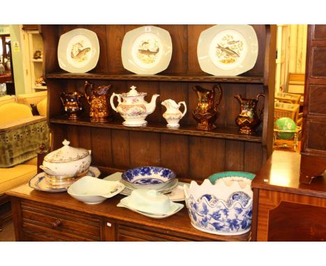 Fish set, copper lustre jugs, blue and white porcelain carpet bowls, Carlton and other china